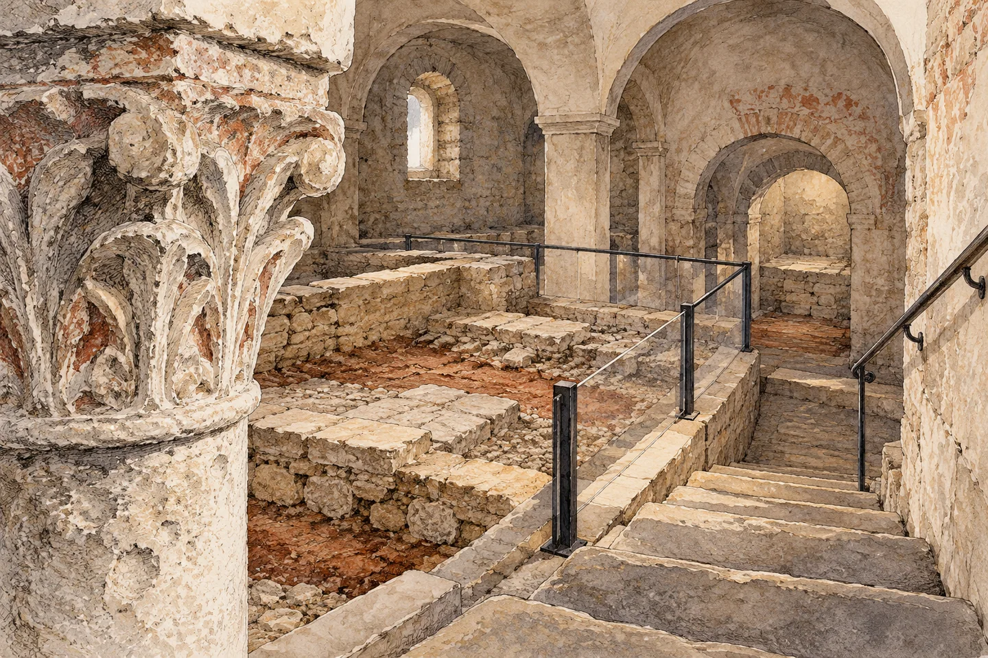 Watercolour illustration of a carved capital, archaeological floor and descending steps in an imagined church interior; not a reconstruction of San Procolo’s crypt.