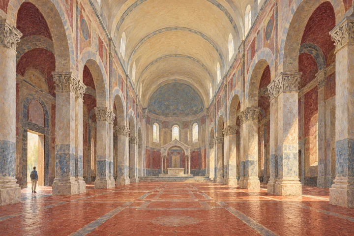 Pastel illustration of a long church nave with a curved vault and side arches; an imagined architectural study, not the actual Sant’Eufemia interior.