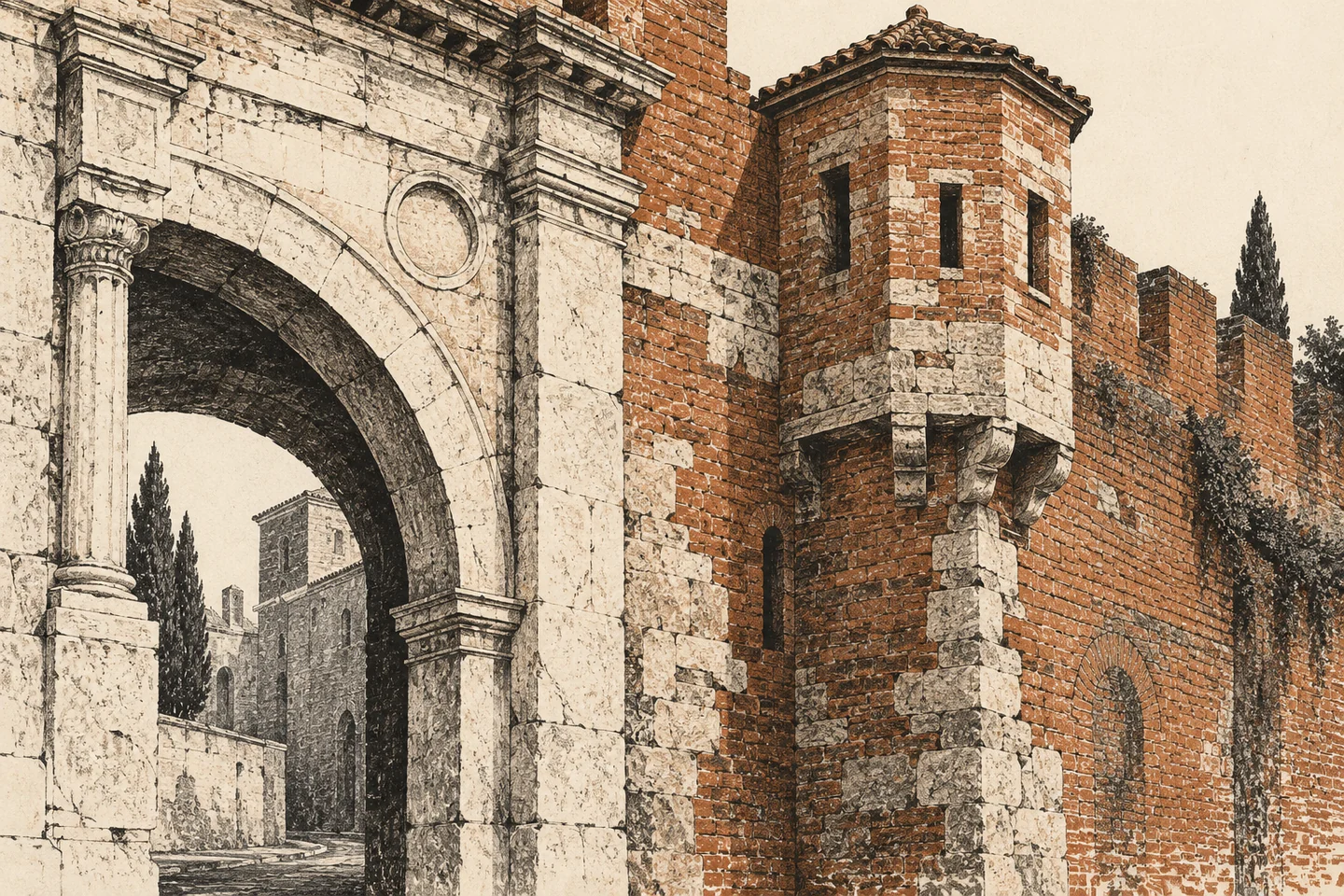 Editorial charcoal and terracotta illustration of an imagined gate combining pale carved stone, brick and a polygonal turret, not a measured view of Porta Vescovo.