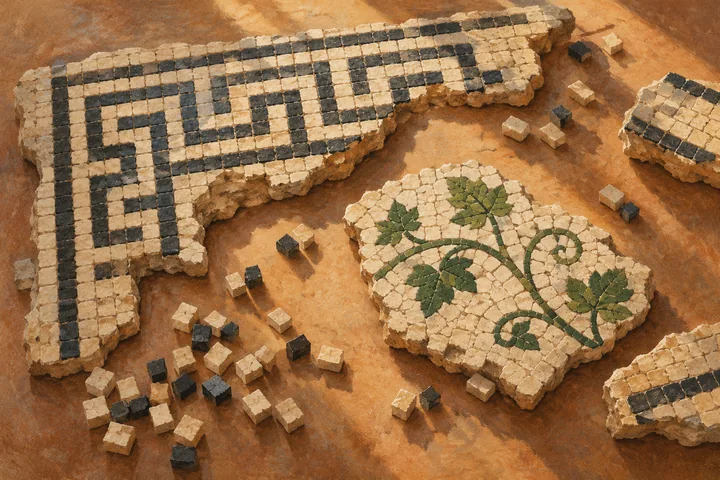 Editorial illustration of imaginary Roman-style mosaic fragments with geometric borders and a vine motif, not an image of Valdonega’s surviving floor.