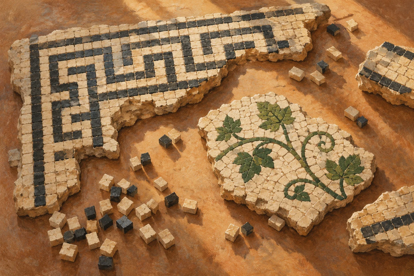 Editorial illustration of imaginary Roman-style mosaic fragments with geometric borders and a vine motif, not an image of Valdonega’s surviving floor.