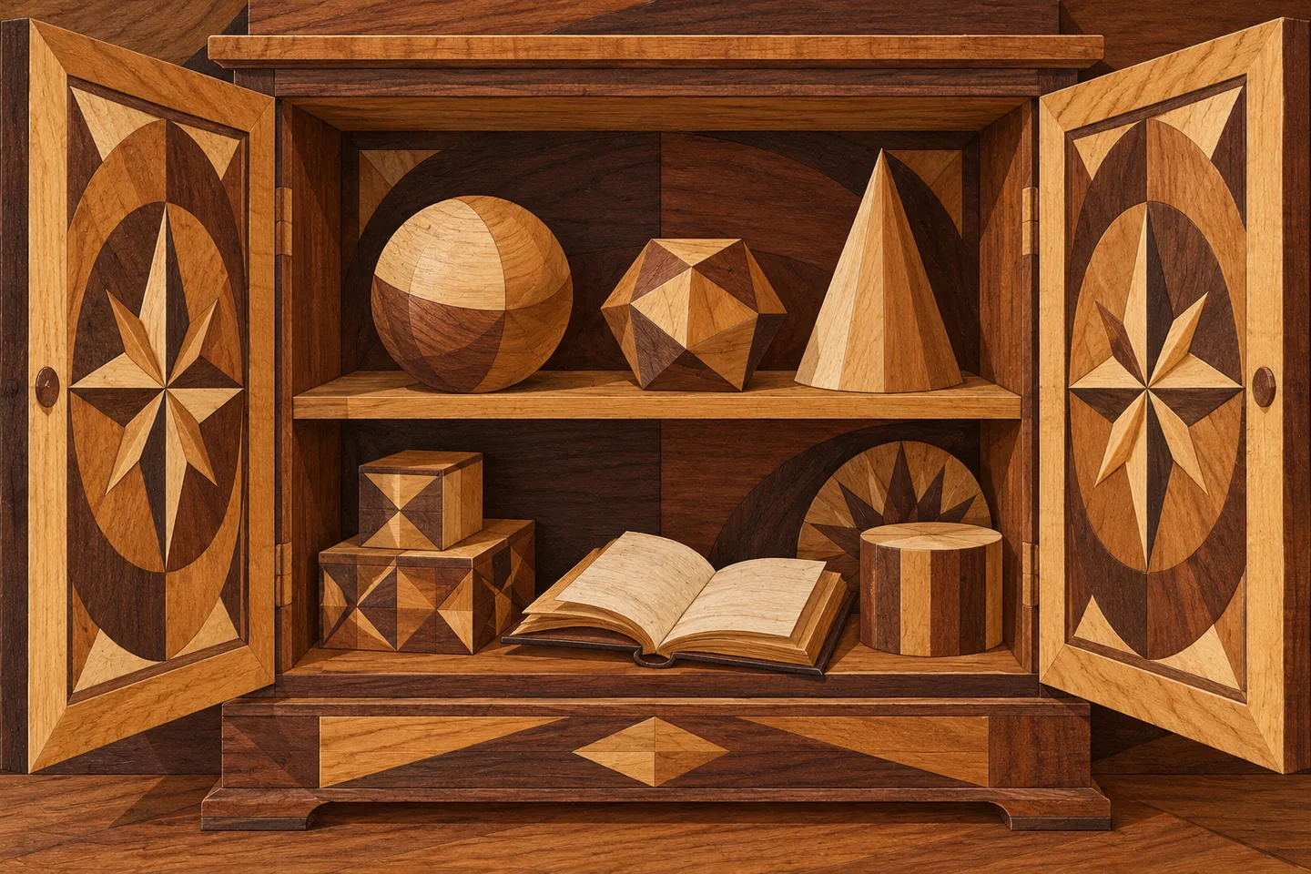 Original editorial wood-inlay study of an imagined cupboard with geometric forms and an open book.
