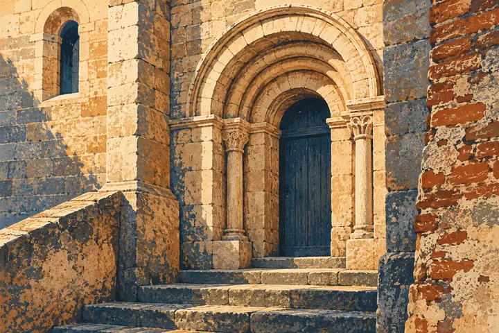 Editorial illustration of an imagined Romanesque stone doorway and steps in warm light.