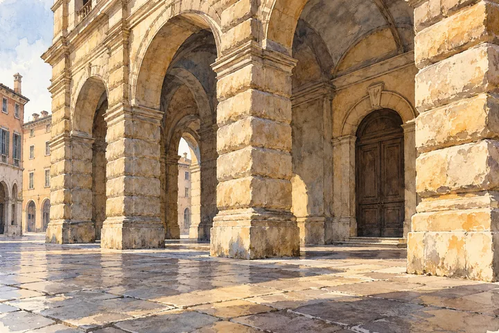 Editorial illustration of an imagined rusticated stone portico with deep arches and a closed timber door.