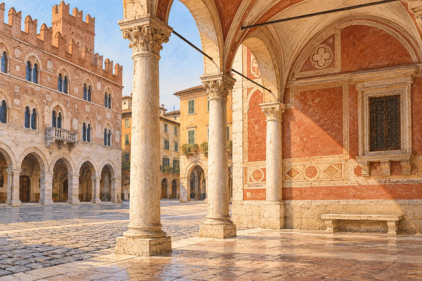 Editorial architectural study of an imagined Renaissance arcade with slender columns and red-and-cream walls beside a public square.