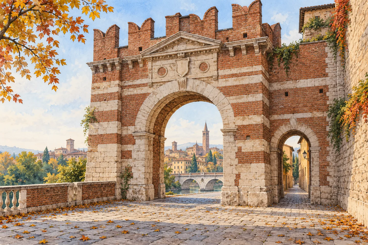 Editorial watercolor of an imagined Renaissance gateway with red brick, pale stone bands, a central arch and a smaller passage.