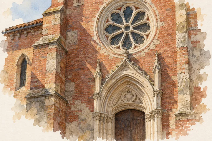 Editorial watercolor study of an imagined red-brick church façade with a carved pale doorway and circular rose window.