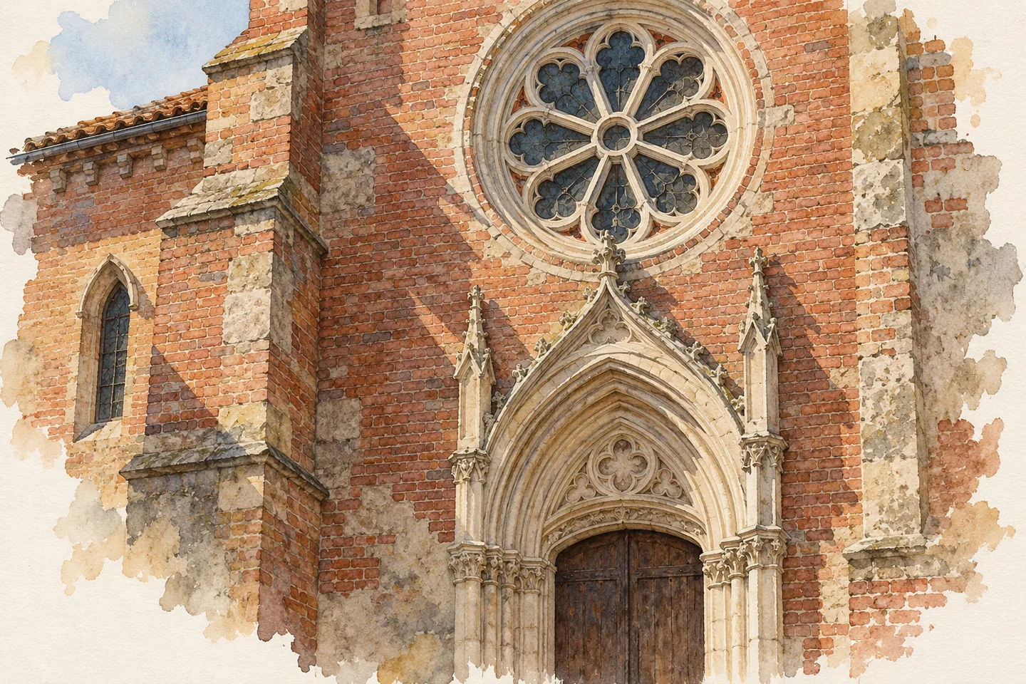 Editorial watercolor study of an imagined red-brick church façade with a carved pale doorway and circular rose window.