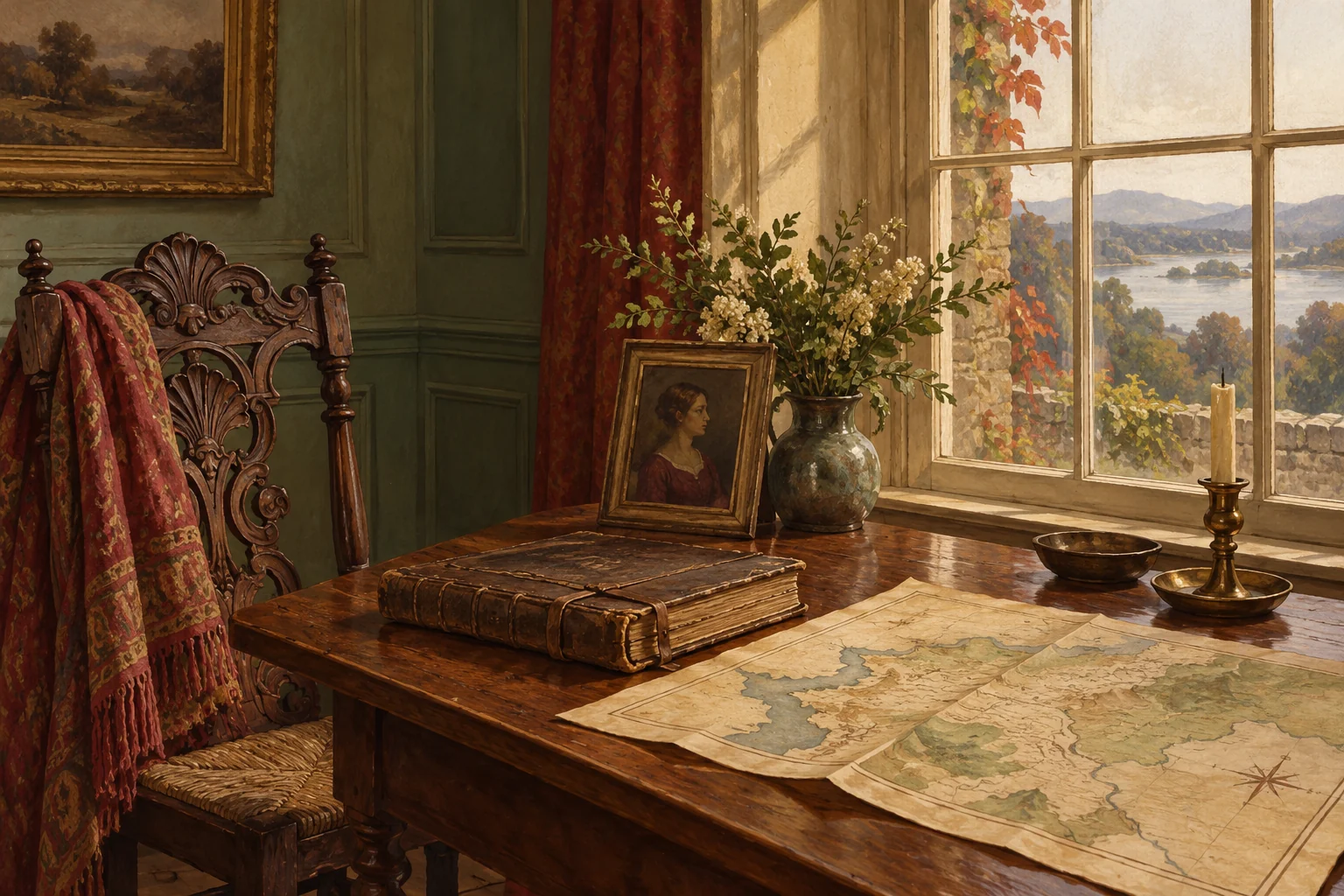 Editorial gouache of an imagined house-museum table with a closed ledger, unlabelled map, framed portrait and carved chair.