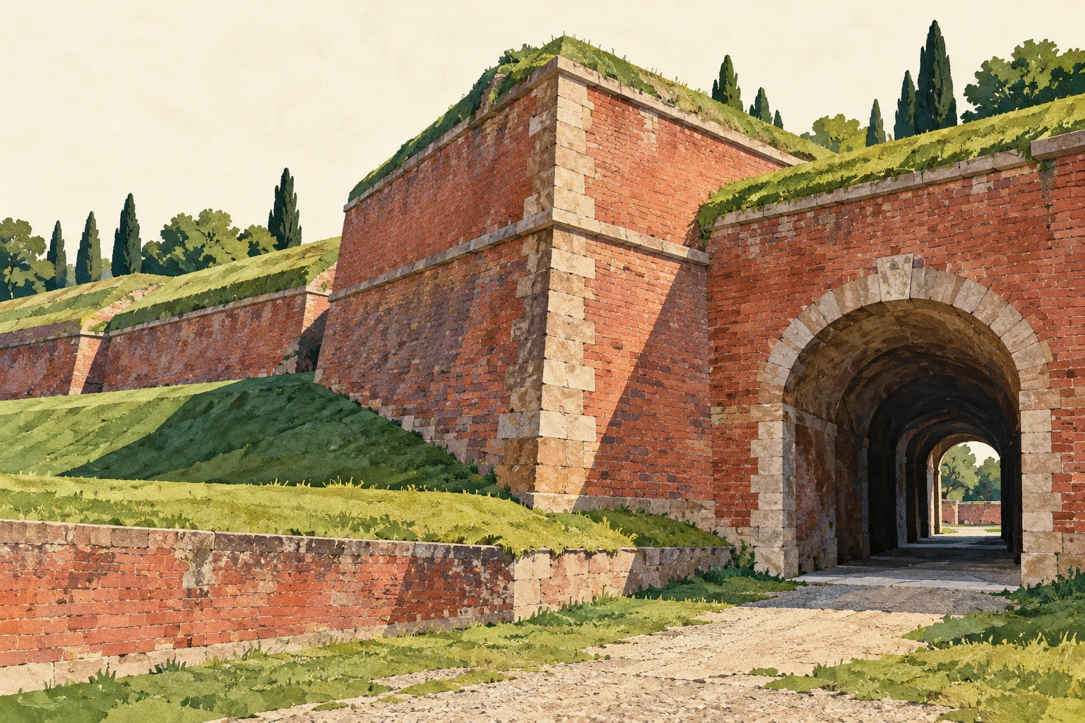Editorial cut-paper and gouache study of an imagined angular brick fortification, grassy bank and shaded vaulted passage.