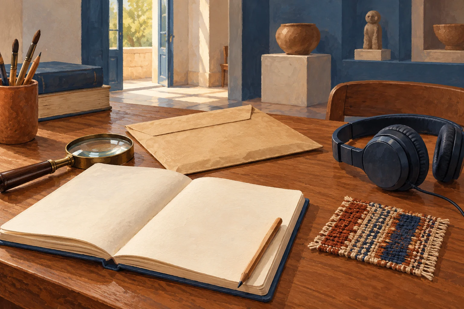 Editorial museum-study still life with a blank notebook, archival envelope, magnifying glass, headphones and a woven sample.