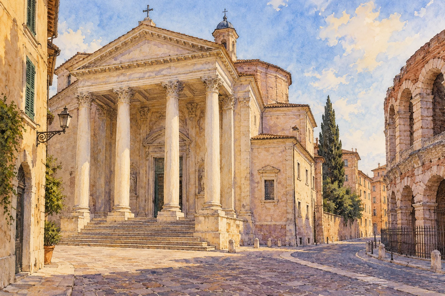 Editorial watercolour of an imagined classical church façade beside a separate glimpse of curved amphitheatre masonry.