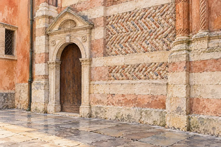 Editorial watercolour of an imagined church wall with pale stone courses, herringbone pebbles and a small Renaissance doorway beside a pavement.