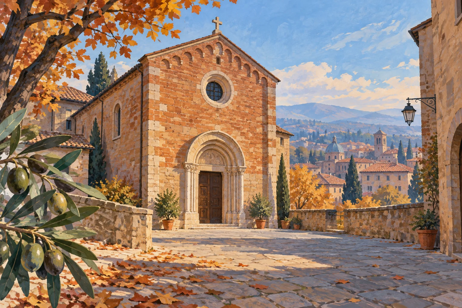 Editorial gouache of an imagined modest brick church and quiet autumn square, with an olive branch suggesting hospitality.